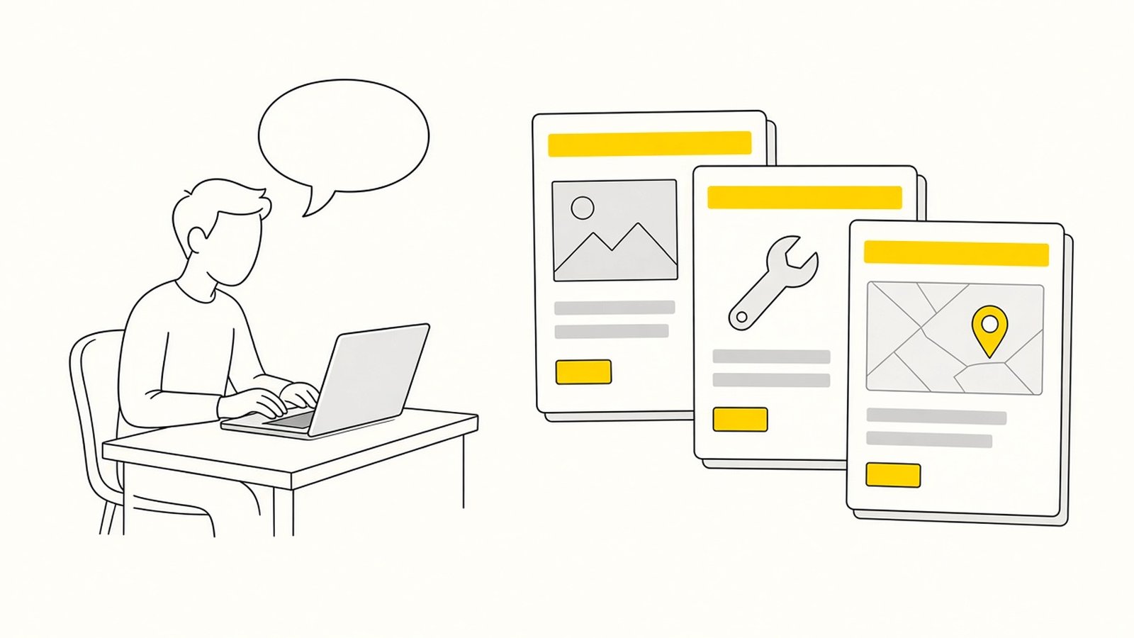 An owner's plain-language request on the left, a finished local website on the right