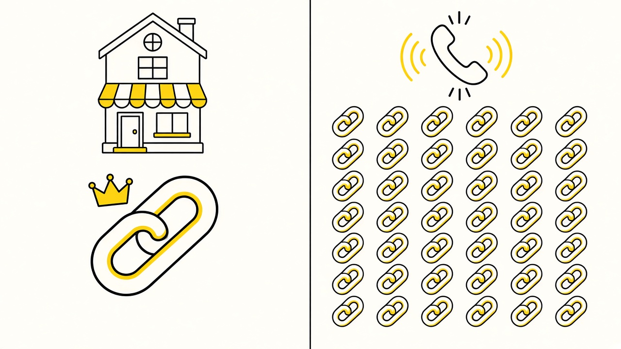 Quality on one side, quantity on the other: rank-and-rent sites get a few strong links, pay-per-call sites get many basic ones