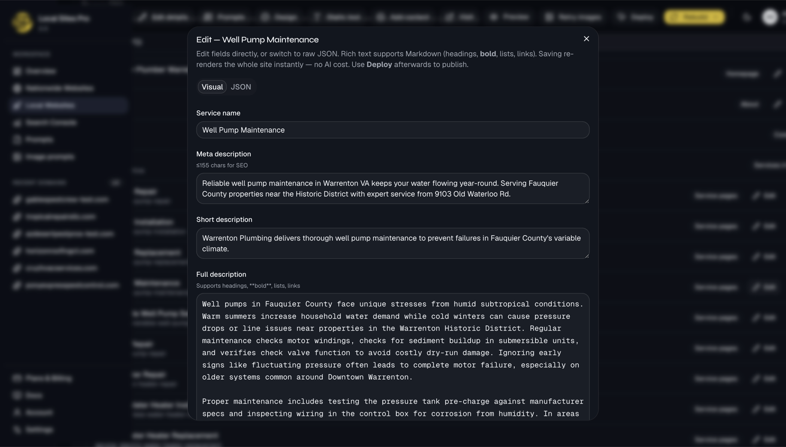 Page list with editable content in the Local Sites Pro dashboard