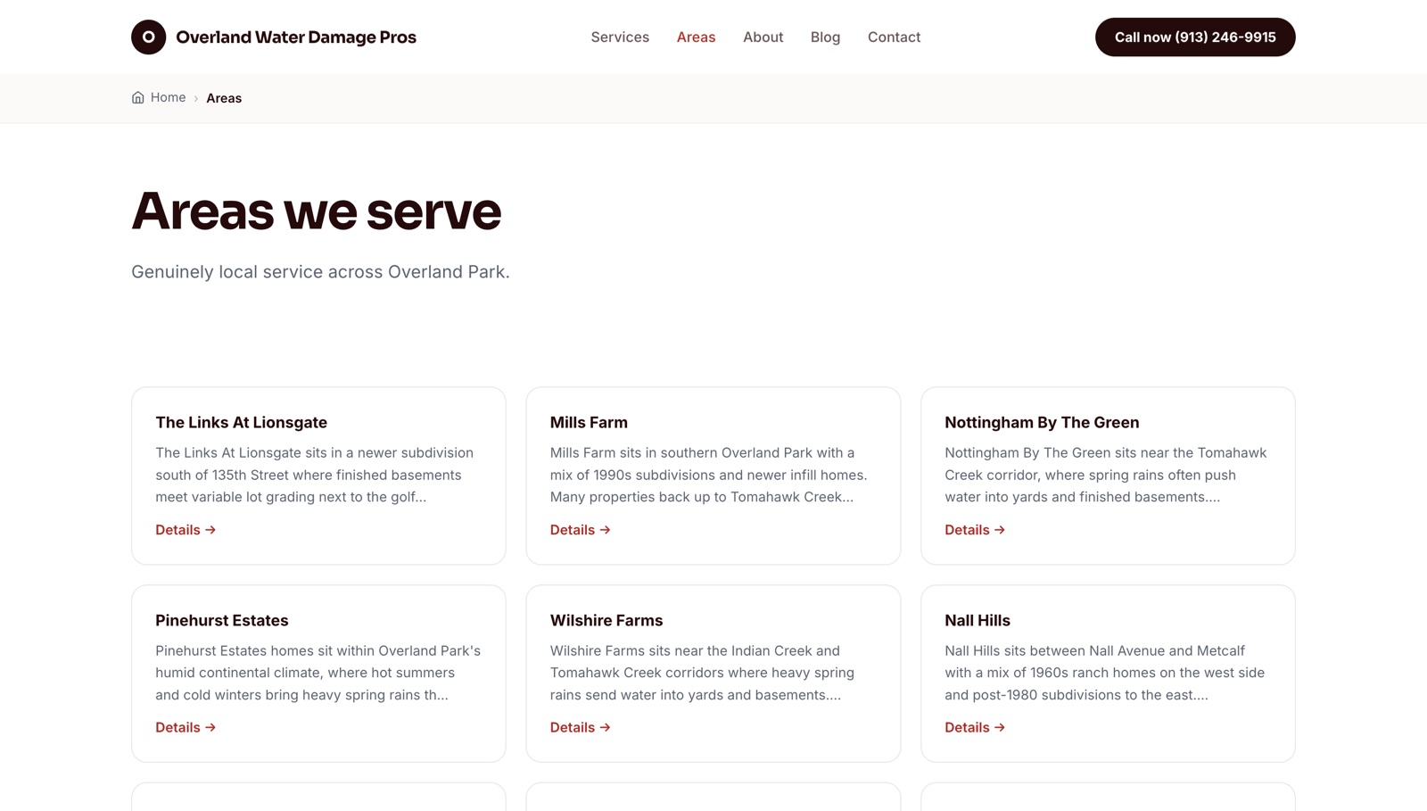 Areas we serve section on a generated site linking to neighborhood location pages