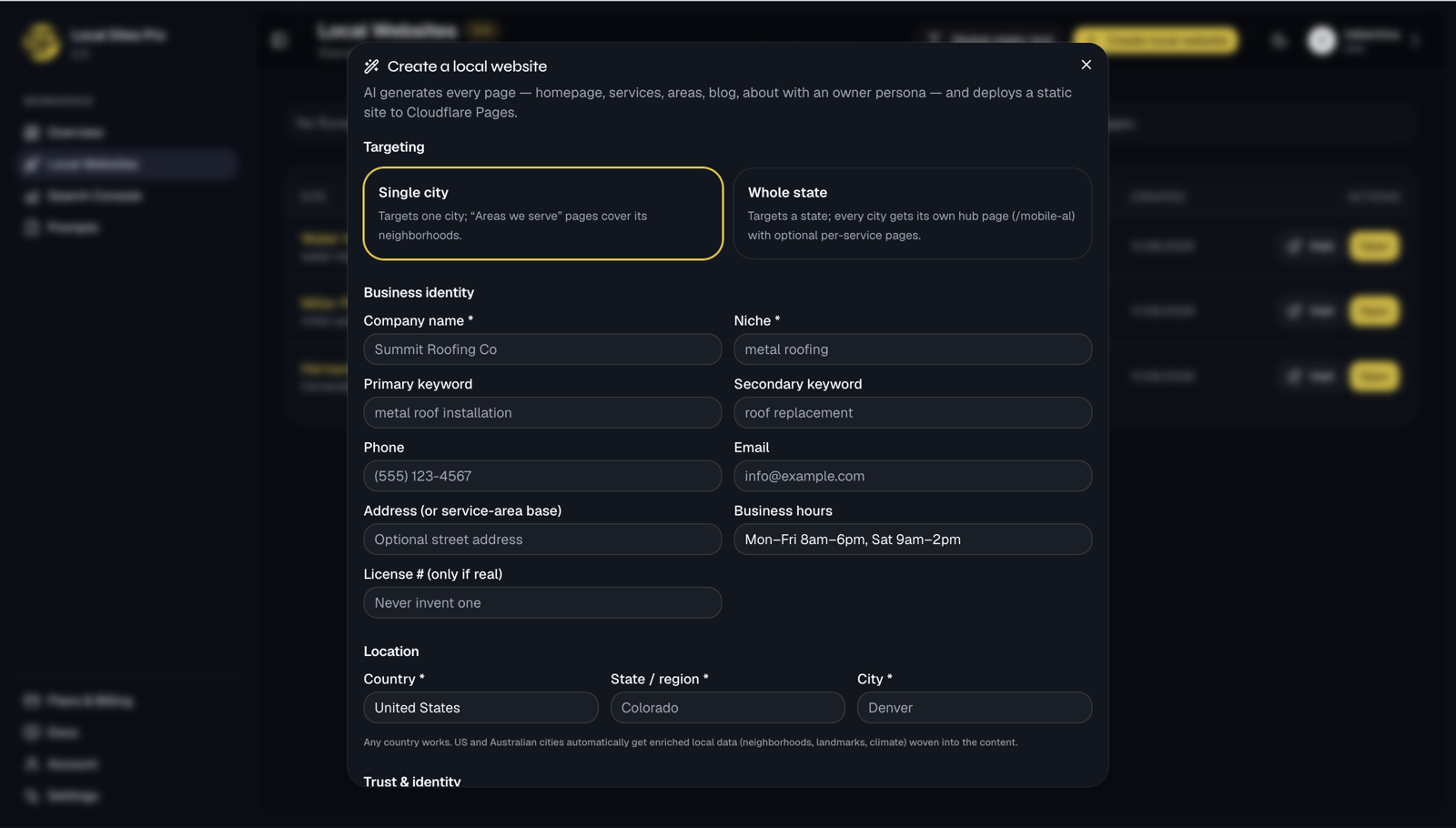 Create website form with the phone number field in the Local Sites Pro dashboard